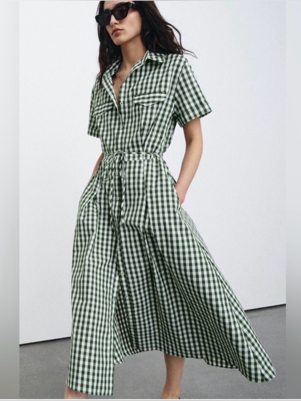 Zara Green and White Gingham Midi Shirtdress with Tie Waist